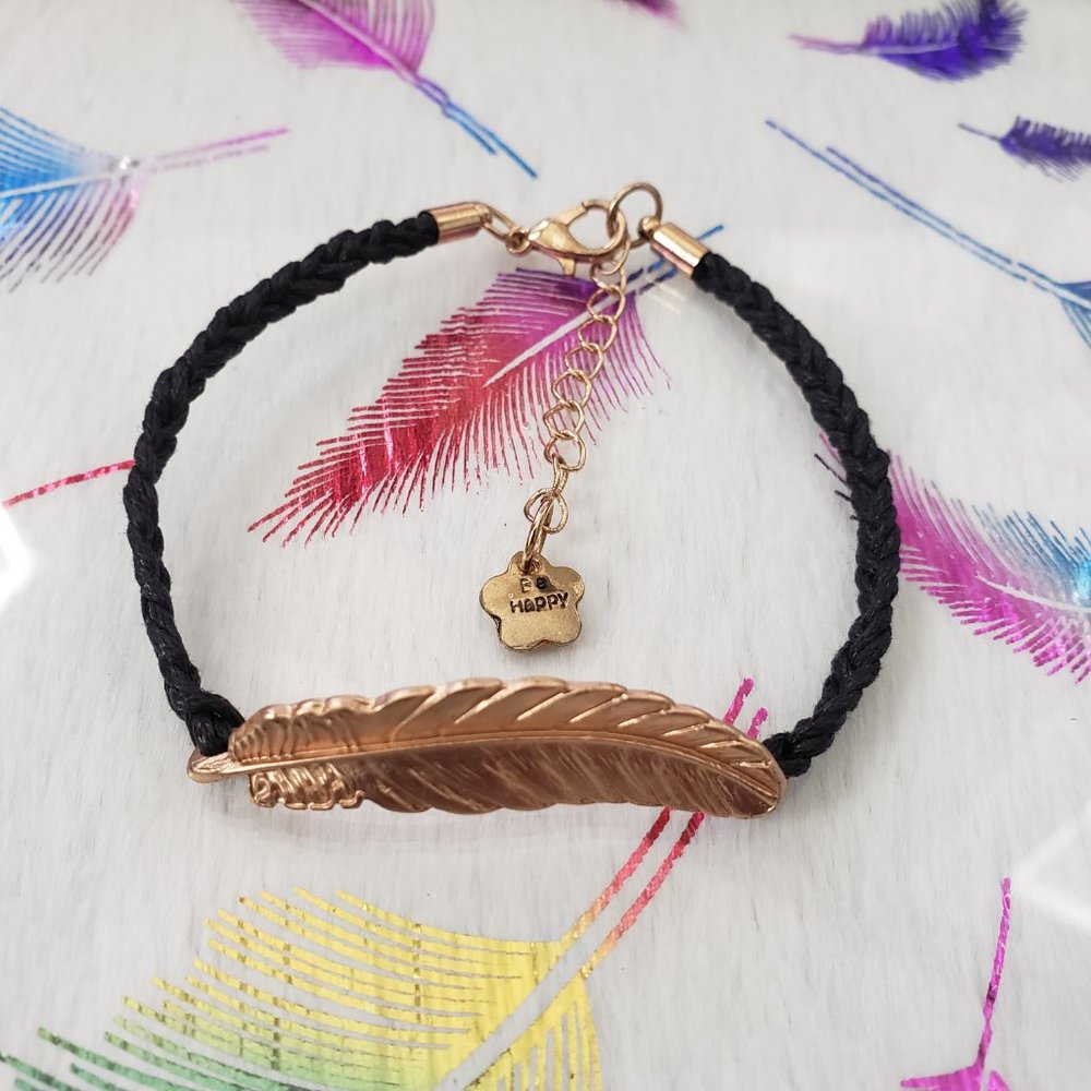 Feather Braided Rope Be Happy Charm Bracelet